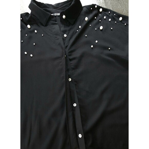 Zara Black Bead Pearl Accent Long Sleeve Button Down Blouse Shirt Medium Party - Picture 6 of 7